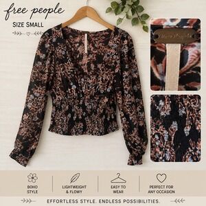 Free People Floral Smocked Waist V-Neck Boho Blouse Black Rust Blue Small